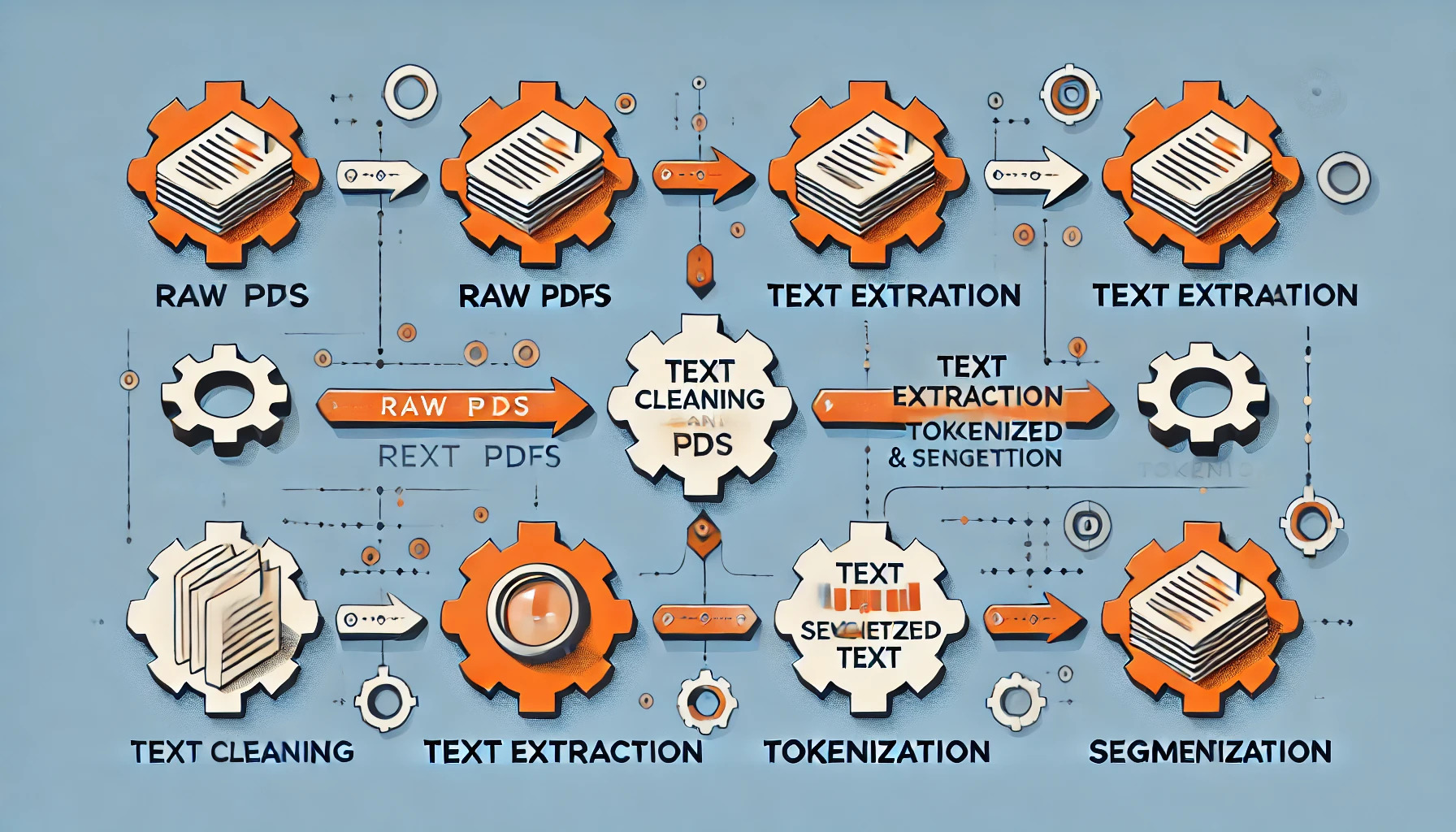 steps of data preparation, from raw PDFs to tokenized and segmented text]